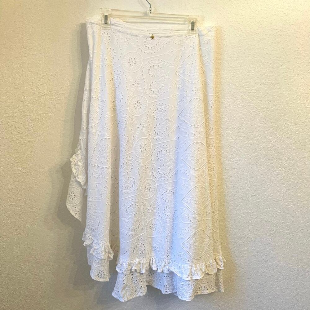 Encantadore Sarong Wrap Skirt Coverup M Eyelet Embroidered White Beach Resort - Picture 8 of 16